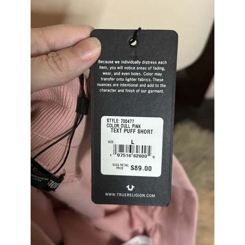 New Men’s Unisex True Religion Dull Pink Text Puff Sweat Shorts Size L $89